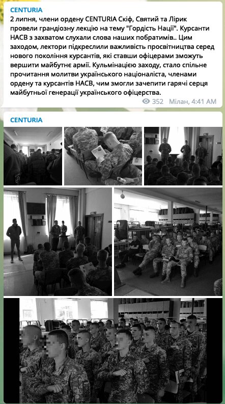 11 Screenshot of Centuria Telegram post about a “Pride of the Nation”-themed lecture held by Centuria members for NAA cadets. The post identifies three participating Centuria
