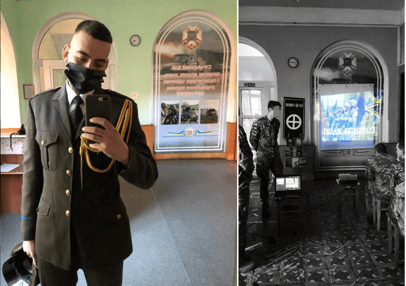 18 A side-by-side comparison of a photo (left) posted to social media by an NAA cadet and a vertically-flipped Centuria photo from what looks, save for the carpeting, like t