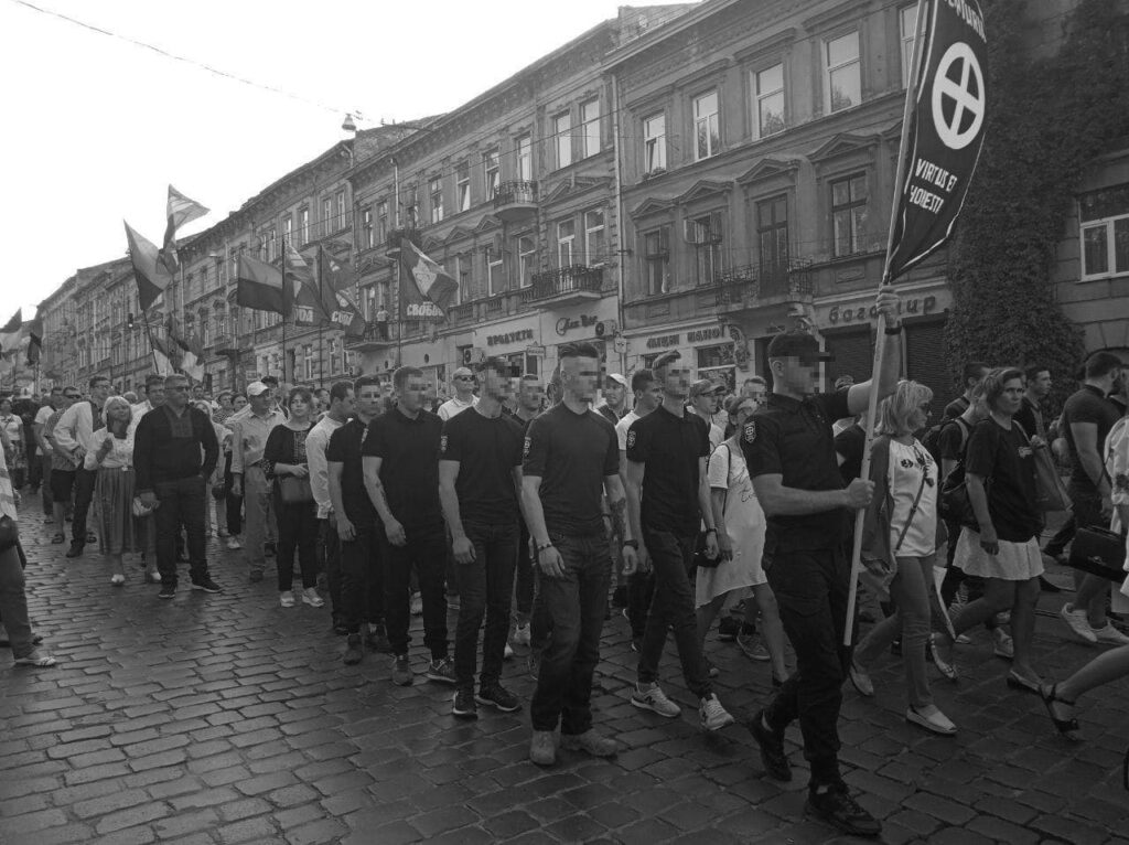 25 Photo posted by Centuria on Telegram showing the group at the March of the Millennium of the Ukrainian State (Ukrainian Марш тисячоліття Української держави) on June 30,