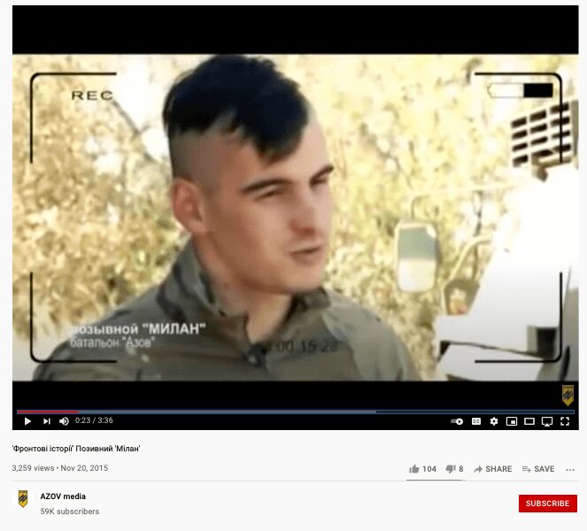 34 A screenshot of a video posted to the Azov Regiment’s YouTube page shows Yuriy Gavrylyshyn under his call sign “Milan.”