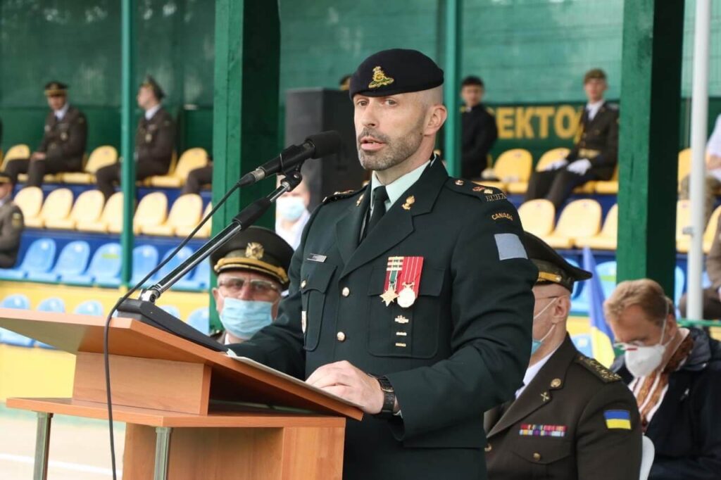 4 Photo posted to the Canadian Armed Forces in Ukraine Facebook page shows then Commanding Officer of Canada’s Operation UNIFIER Lieutenant-Colonel (LCol) Ryan Stimpson spea