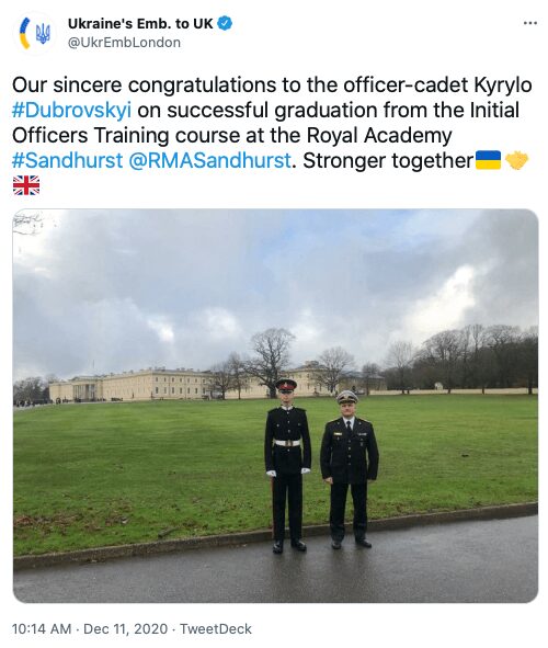 42 Tweet about Kyrylo Dubrovskyi by the Embassy of Ukraine to the United Kingdom