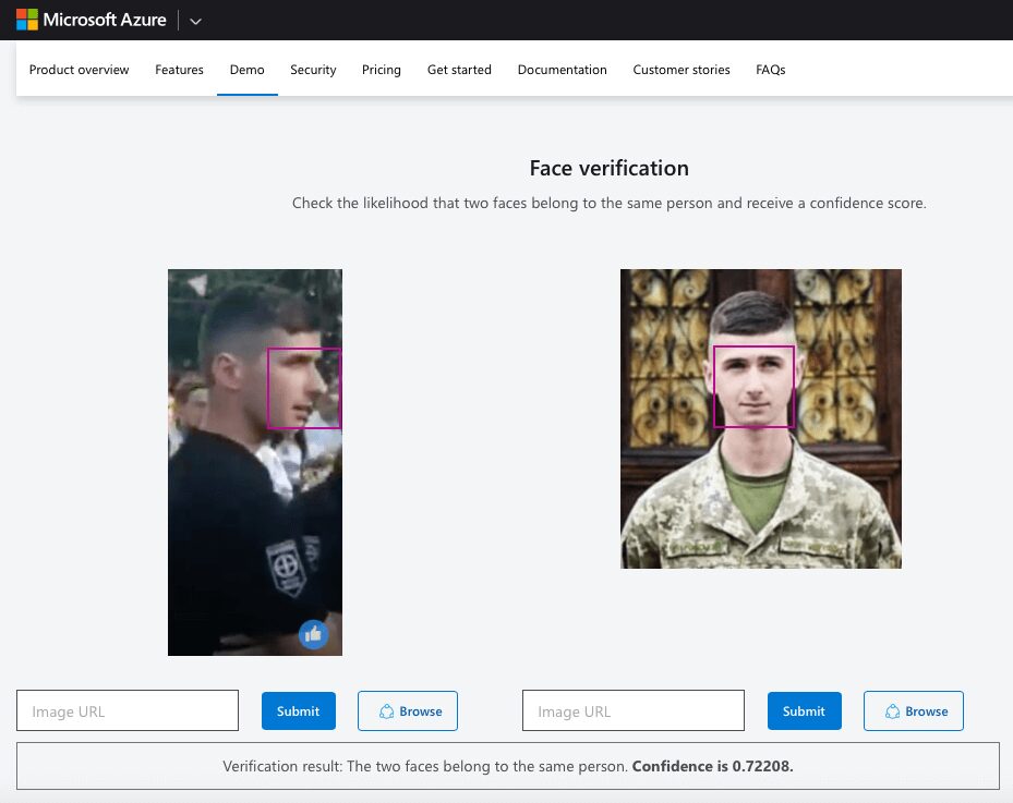 49 Screenshot of the results of Face Verification by Microsoft Azure. On the left is a still from the rally, on the right is a photo taken from Dubrovskyi’s Facebook. “The t