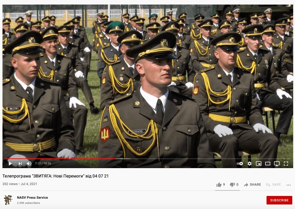 74 Screenshot from a video report about the June 2021 officer cadets graduation ceremony shows Serhiy Blinov (center), who appeared in an early 2018 photo of Centuria member