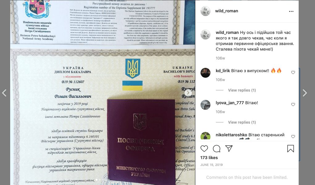 8 A screenshot of a June 2019 Instagram post by then NAA Cadet Roman Rusnyk shows Rusnyk’s BA diploma from the NAA