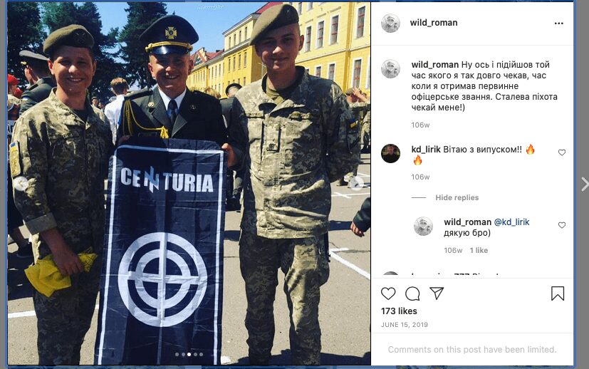 9.1 9 Screenshot of a June 2019 Instagram post by then NAA cadet Roman Rusnyk (wearing parade uniform). In his post, Rusnyk writes about receiving “officer rank.” The NAA’s